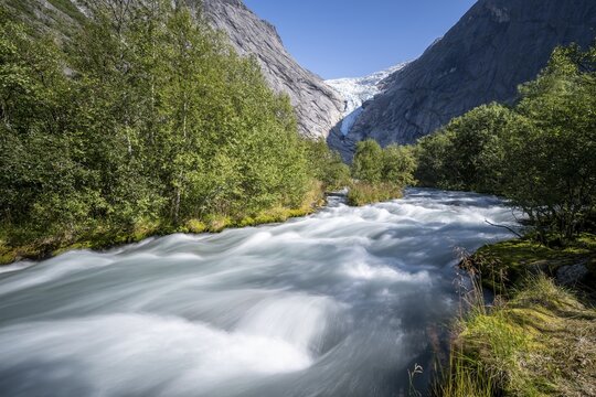 Briksdalselva River, Briksdalsbreen, Briksdal Glacier, Briksdal, Norway