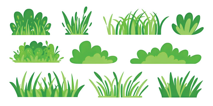 A collection of various green grass and shrub pixel art elements isolated on a white background