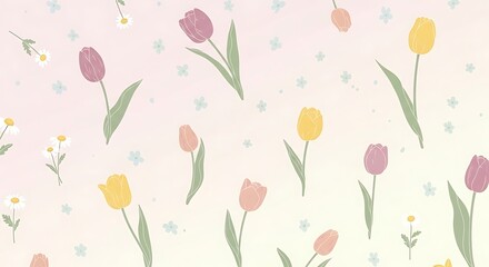 Fototapeta premium Vibrant whimsical floral seamless pattern featuring tulips and wildflowers in pastel hues on soft gradient background with stars