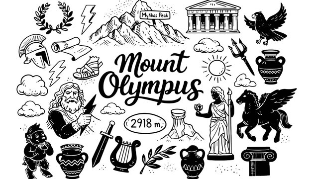 Mount Olympus vector illustration with various ancient Greek symbols and icons