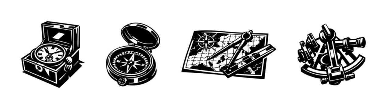 Vintage navigation tools illustration featuring compass, map, and sextant in black and white vector style