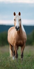 Naklejka premium Palomino horse standing in grassy meadow with flowing white mane and gentle expression during soft evening light