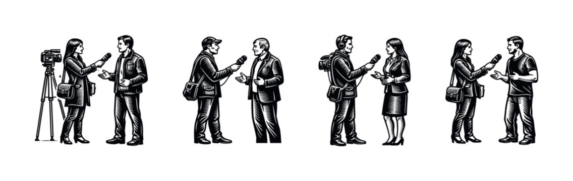 Hand-drawn vector illustration of journalists and interview subjects in engaging conversations, black and white