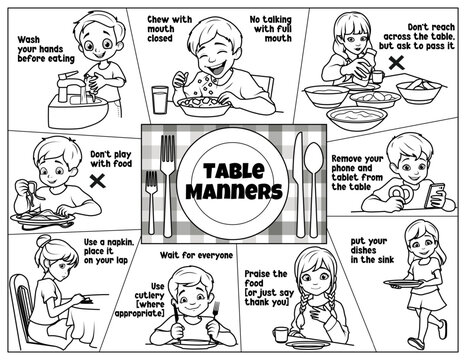 Table manners and kids etiquette activity sheet. Mealtime behavior educational worksheet with children characters, restaurant placemat, vector, coloring page