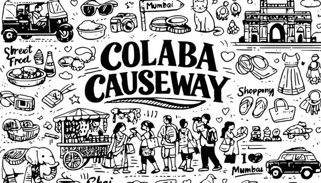 Colaba Causeway illustration with various Mumbai icons and street food