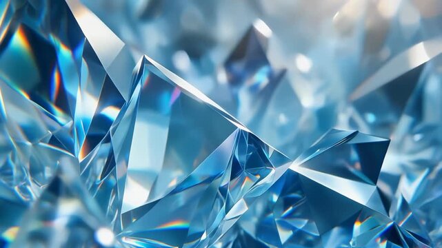 Close-up of faceted blue crystals. Abstract geometric background concept. Macro view of shining gems with prismatic light refraction and bokeh.