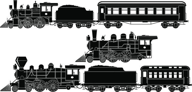 Title Vintage steam locomotive train silhouettes with passenger carriages set against white background for retro transportation and historical railway travel design concepts