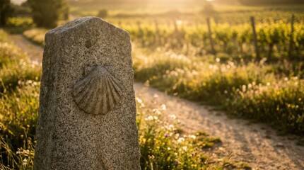 Fototapeta premium Camino de Santiago marker stone with scallop shell in a sunlit vineyard landscape