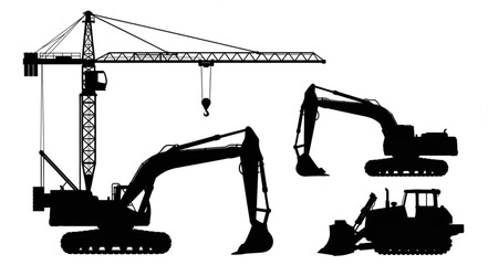 Construction Equipment Silhouette - Crane, Excavators, and Bulldozer. © Jmotor