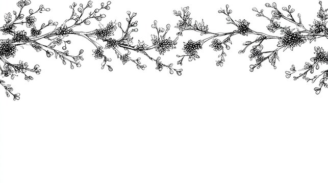 Hand drawn sketch of blooming floral branch border