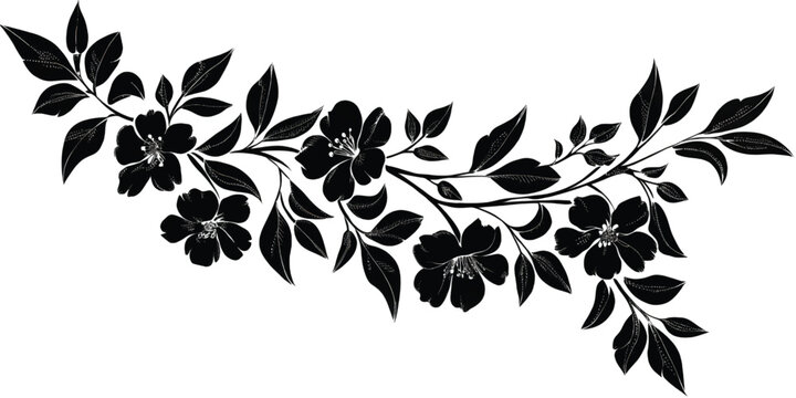 A detailed black and white vintage floral illustration featuring a delicate blooming vine motif