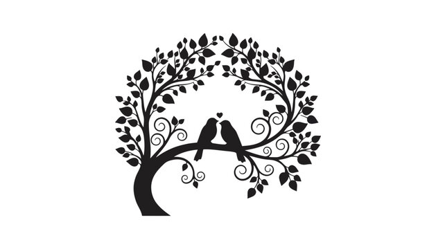 A tree silhouette with two birds sitting on a branch together