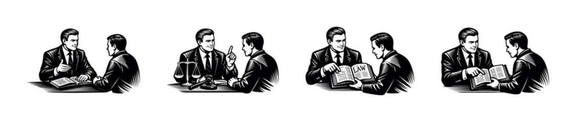 Obraz premium Vector illustration of businessmen in vintage style, discussing and reading, black and white silhouette