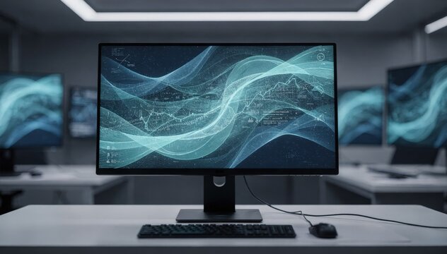 Medium shot of digital interfaces displaying riskadjusted returns under stress conditions in a futuristic research room with one main monitor in sharp focus and secondary displays
