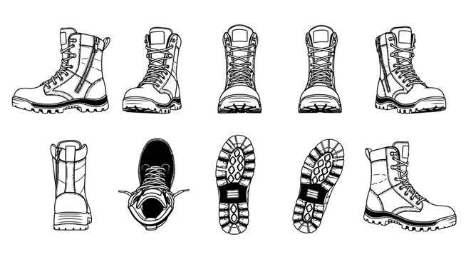 Military Tactical Combat Boots Vector Illustration Multi-Angle Grid Set Isolated on White Background for Defense Apparel and Survival Gear Design
