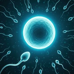 Naklejka premium A detailed illustration of a human egg cell surrounded by multiple sperm cells.