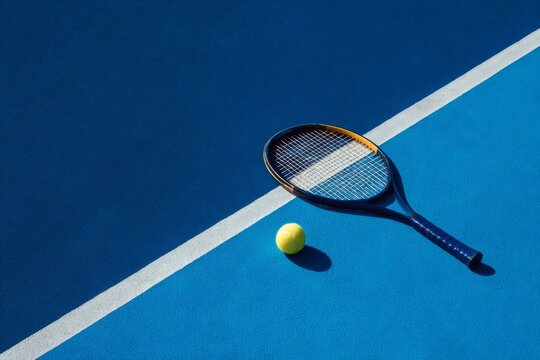 Still life image of a tennis racket with tennis ball on a blue hard court 