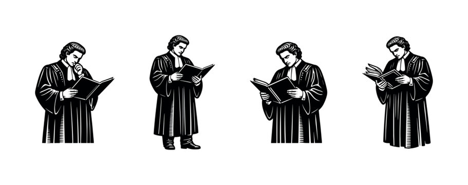 Black and white vector illustration of a lawyer reading in robes silhouette style