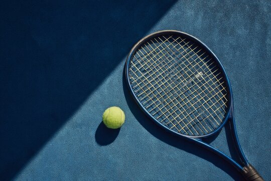 Still life image of a tennis racket with tennis ball on a blue hard court 