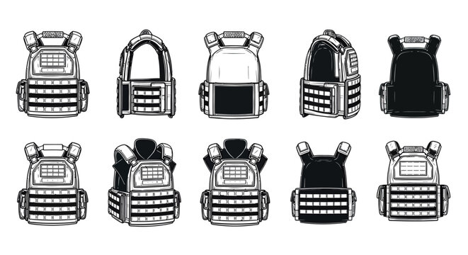 Military Tactical Body Armor Vest Black and White Vector Illustration Multi-Angle Collection Isolated on White Background for Defense Publishing and Game Assets