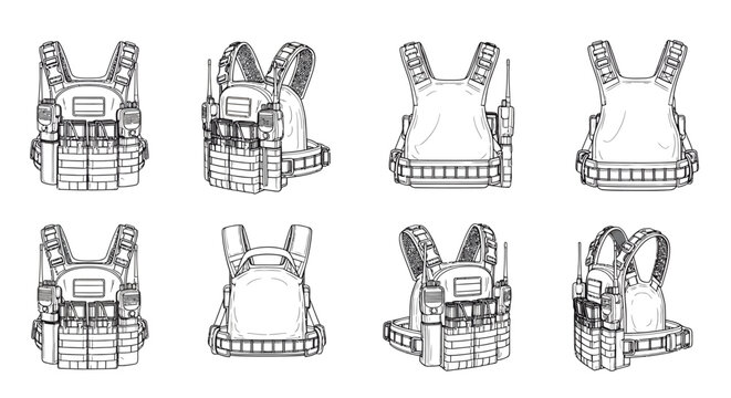 Tactical Plate Carrier Vest Black and White Vector Illustration Multi-Angle Grid Collection Isolated on White Background for Military Advertising and Defense Marketing