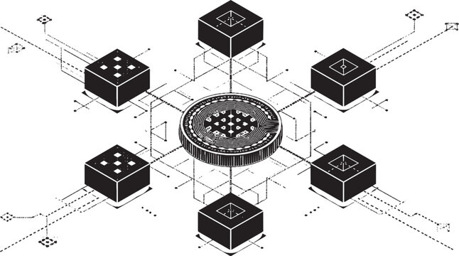 The vector icon of a decentralized blockchain network. A digital finance concept consisting of interconnected geometric blocks, with a general cryptocurrency at its center.