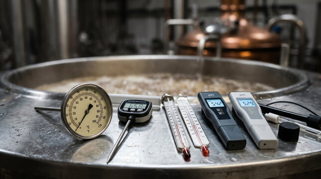 Brewing thermometers and pH meters on stainless steel brewhouse surface