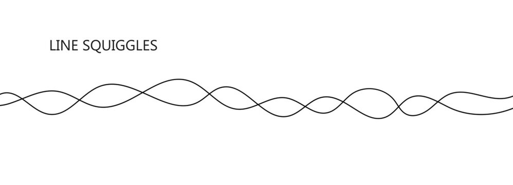 Cable thin long curve with a continuous squiggle and wavy line for decoration or a chaotic wire shape. Abstract black knot illustration and fiber chaos through a loopy background border.