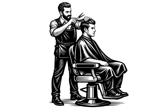 Black and white illustration of barber cutting hair in classic barber chair silhouette style