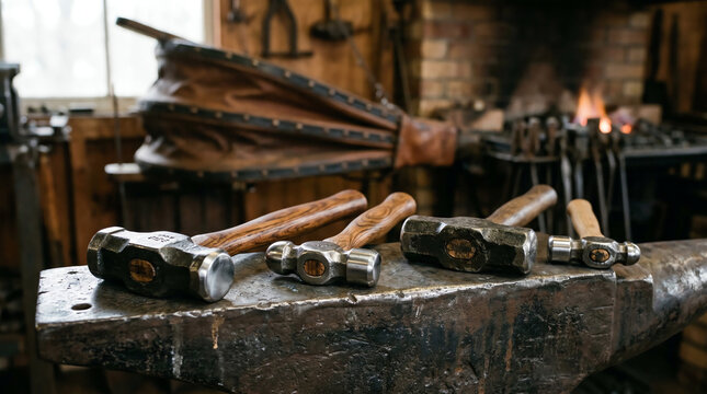 Blacksmith cross peen and ball peen hammers on anvil face
