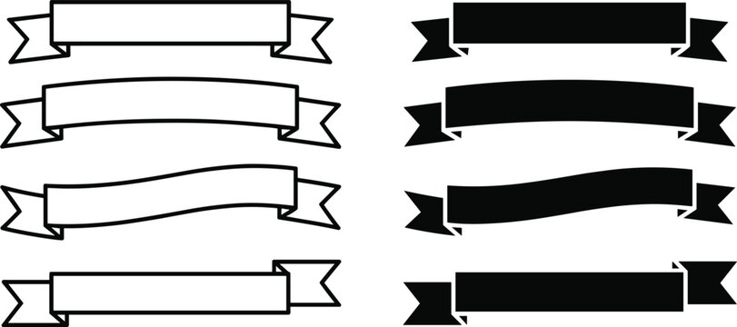 Elegant collection of black and white ribbon banner designs with decorative curves, versatile shapes, and stylish outlines for graphic design, labeling, and creative projects.