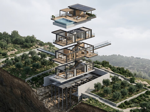 Isometric Exploded-View Architectural Diagram of Modular Hillside Luxury Villa, Prefabricated Glass and Steel Construction