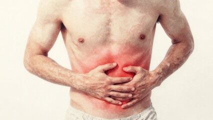 Naklejka premium Man experiencing abdominal pain at home medical awareness health environment close-up view