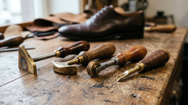 Shoe edge finishing tools with edge irons and burnishers on cobbler bench