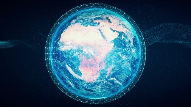 Glowing Blue Earth with Global Digital Plexus Network and Data Waves, Futuristic Technology Planet Background Loop