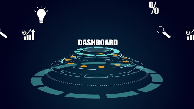 ​Futuristic HUD dashboard interface, rotating circular UI elements, conceptual data visualization for business analytics and innovation motion graphics, sci-fi technology background.