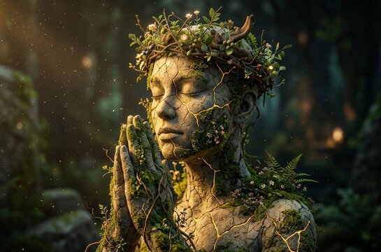 Meditative stone humanoid sculpture with glowing cracks, moss details and floral crown, surreal fantasy nature artwork
