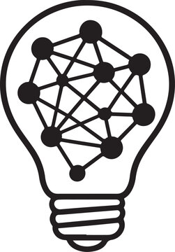 Illustration of a black line drawing of a lightbulb with a network inside