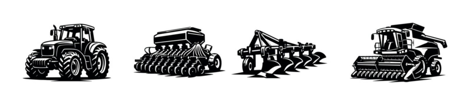 Black and white agriculture machinery silhouettes, tractor and equipment vector illustration