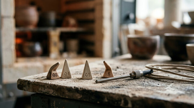 Pyrometric cones and digital pyrometer probe on kiln shelf
