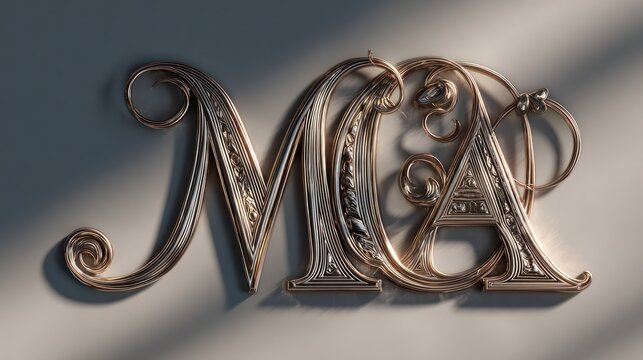 Ornate, golden-colored script "MA" on a textured surface, bathed in soft, diffused light