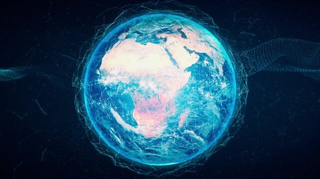 Glowing Blue Earth with Global Digital Plexus Network and Data Waves, Futuristic Technology Planet Background Loop