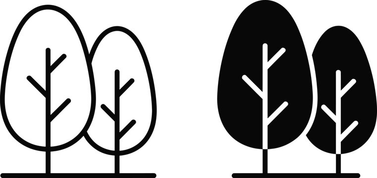 Forest trees icon set featuring minimalist black line art and solid silhouette style for nature conservation environmental sustainability and outdoor garden landscape branding