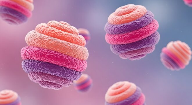 Abstract microscopic view of colorful spherical cells with layered textured surfaces in a 3d space
