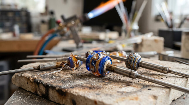 Stainless steel lampwork mandrels with glass beads on kiln shelf