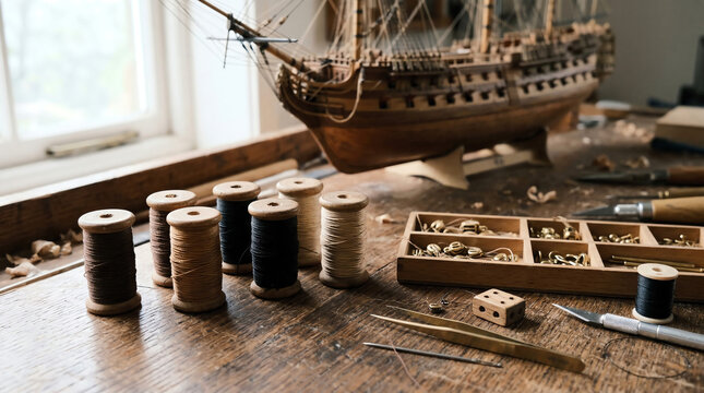 Model ship rigging thread on bobbins with deadeyes and rigging tools