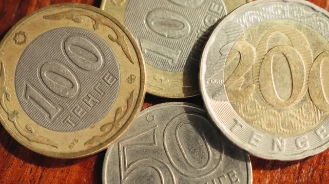 Kazakhstani tenge is the currency of Kazakhstan. Coins close up. High quality 4k footage