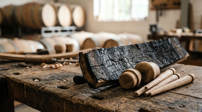 Oak barrel bungs and wooden spiles with charred staves on cooperage bench
