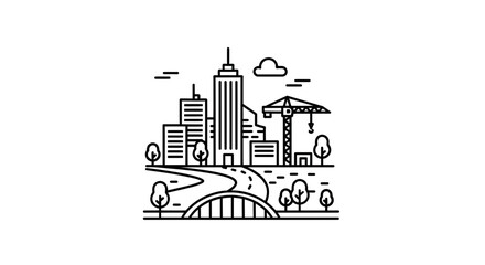 Fototapeta premium Cityscape Construction Line Art: Modern Buildings, Crane, Bridge, and Road