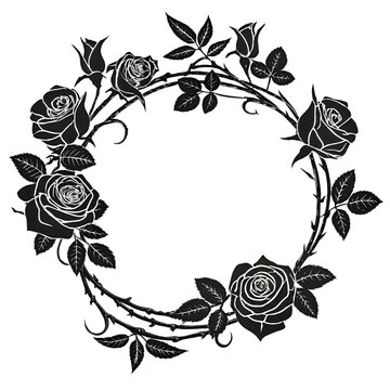 A vintage style black and white illustration of a beautiful floral wreath made of blooming roses